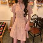 Short-sleeve Double-breasted Plaid Mini A-line Dress Pink - One Size