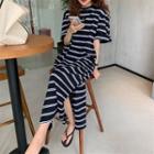 Striped Short-sleeve Slit Maxi Dress As Shown In Figure - One Size