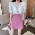 Mock Two Piece Puff-sleeve Plain Blouse / High-waist Slim Fit A-line Skirt