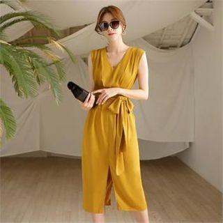 Sleeveless Slit-hem Dress With Sash