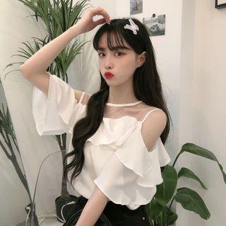 Ruffled Cold-shoulder Elbow-sleeve Chiffon Blouse