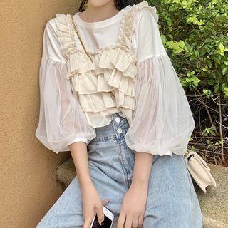 Puff-sleeve Mesh Panel T-shirt / Ruffle Camisole Top