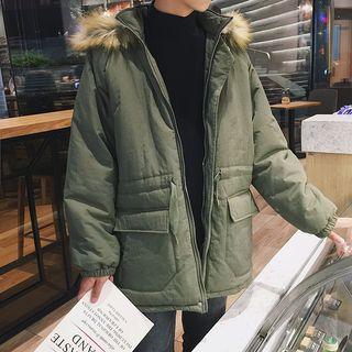 Furry-trim Hooded Zip-up Parka