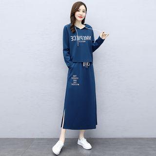 Set: Lettering Print Hoodie + Midi A-line Skirt