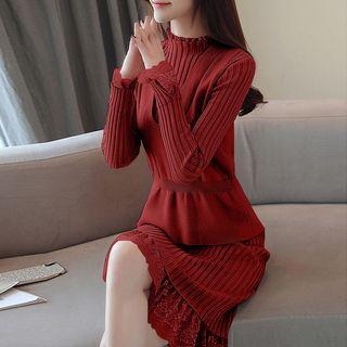 Set: Lace Paneled Sweater Dress + Knit Vest