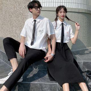 Couple Matching Pocket Detail Short-sleeve Shirt / Midi A-line Skirt / Tie / Cropped Straight-fit Pants