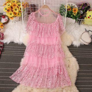 Short-sleeve Sequined Layered Mini Dress