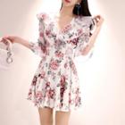 Elbow-sleeve Ruffled Floral Chiffon A-line Mini Dress