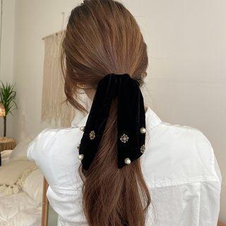 Faux Pearl Fabric Bow Hair Tie Black - One Size