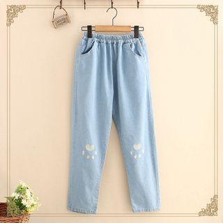Paw Embroidered Straight-cut Jeans