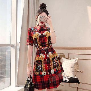 Set: Plaid Flower Print Short-sleeve Shirtdress + Shorts