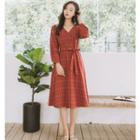 Plaid Tie-waist V-neck Long Sleeve Dress