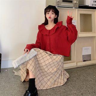 Long-sleeve Shirt / Plaid Midi Skirt