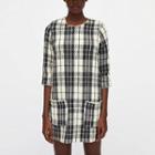 3/4-sleeve Plaid Shift Dress