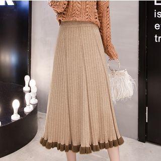 Furry Hem Midi A-line Knit Skirt