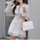 Mesh Panel Double-breasted Tweed Coat Dress