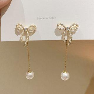 Bow Faux Pearl Dangle Earring 1 Pair - Gold & White - One Size