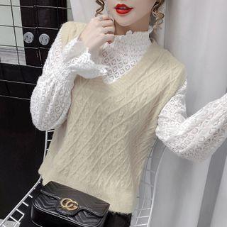 Long-sleeve Mock-neck Lace Top / Knit Vest