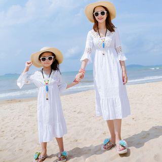 Family Matching Elbow-sleeve Crochet-trim Midi Dress