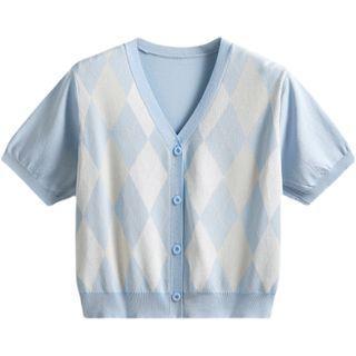 Puff-sleeve Argyle Print Knit Top