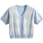 Puff-sleeve Argyle Print Knit Top
