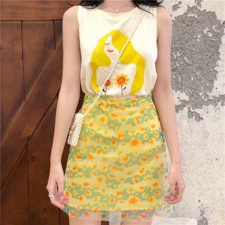 Printed Tank Top / Floral Print Mesh Skirt