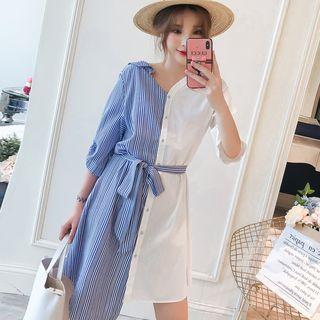 Striped Elbow-sleeve Asymmetrical Shirtdress