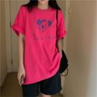 Bear Print Short-sleeve T-shirt Rose Pink - One Size