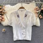 Notch Lapel Embroidered Lace Short-sleeve Top White - One Size