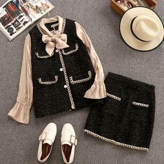 Set: Mock Two-piece Blouse + Contrast Trim Mini Straight-fit Skirt