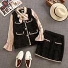 Set: Mock Two-piece Blouse + Contrast Trim Mini Straight-fit Skirt