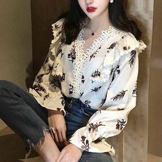 Floral Print Lace Trim Blouse