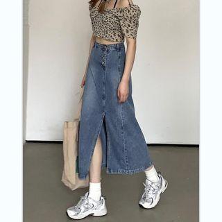 High Waist Denim Slit Midi A-line Skirt