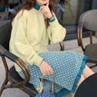 Long-sleeve Turtle-neck T-shirt / Sweatshirt / Patterned Midi Skirt