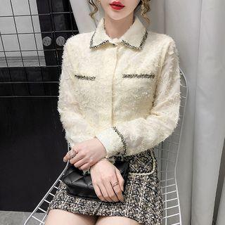 Polo-neck Contrast Trim Lace Fleece-lined Blouse