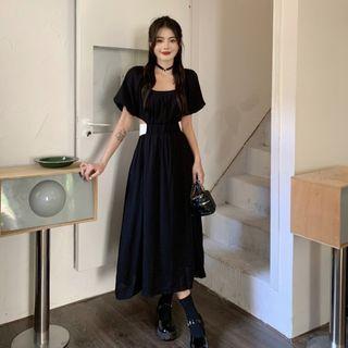 Short-sleeve Square-neck Cut Out Midi A-line Dress