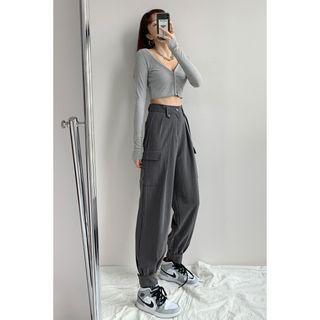 High-waist Cargo Dress Pants With Adhesive Tabs