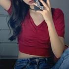 Short-sleeve Plain V-neck Cropped Top As Shown In Figure - One Size