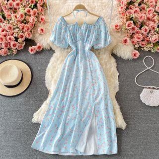 Short Sleeve Floral Print Halter Slit Dress