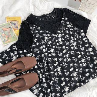 Short-sleeve Lace Top / Floral Strappy Midi Dress