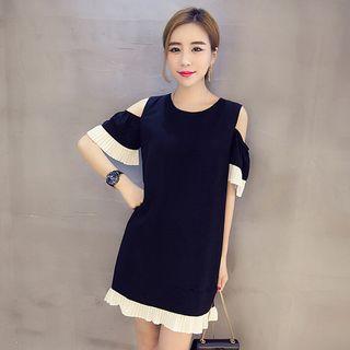 Pleated Trim Elbow Sleeve Dress
