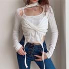 Set: Long-sleeve Cutout Twisted Top + Cropped Camisole Top