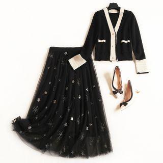 Set: Cropped Cardigan + Sequined Midi A-line Mesh Skirt
