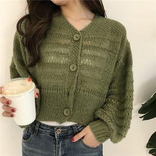 Balloon-sleeve V-neck Cropped Cardigan