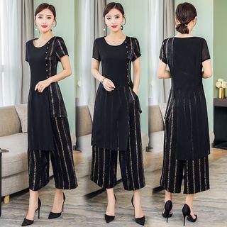 Set: Short-sleeve Long Top + Striped Wide-leg Pants