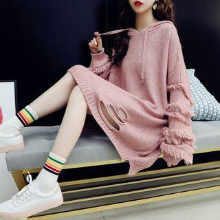 Fringed Mini Knit Hoodie Dress