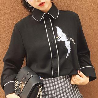 Crane Embroidered Piped Long-sleeve Blouse