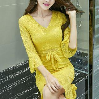 Elbow-sleeve Ruffle-hem Mini Sheath Lace Dress