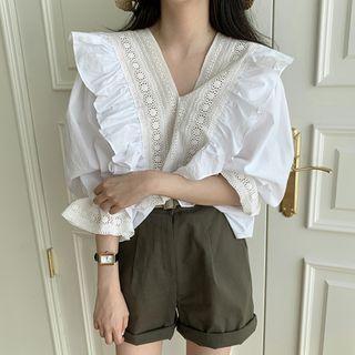 Ruffle Trim Elbow-sleeve Top / Shorts