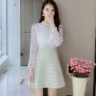 Puff-sleeve Lace Panel Tweed A-line Dress